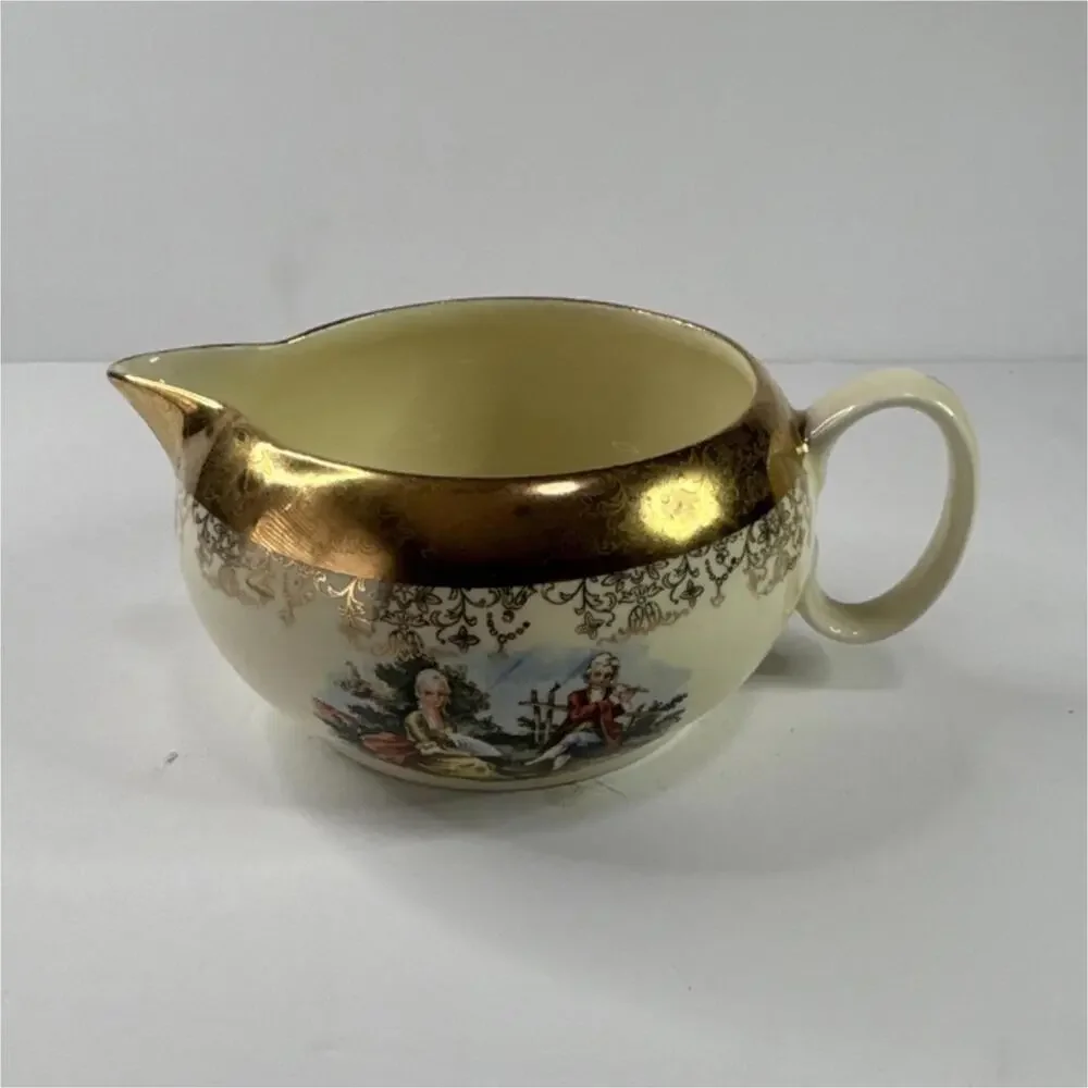 Sabin Crest-O-Gold 22K Gold Filigree Creamer Fragonard Colonial‎ Couple Vintage